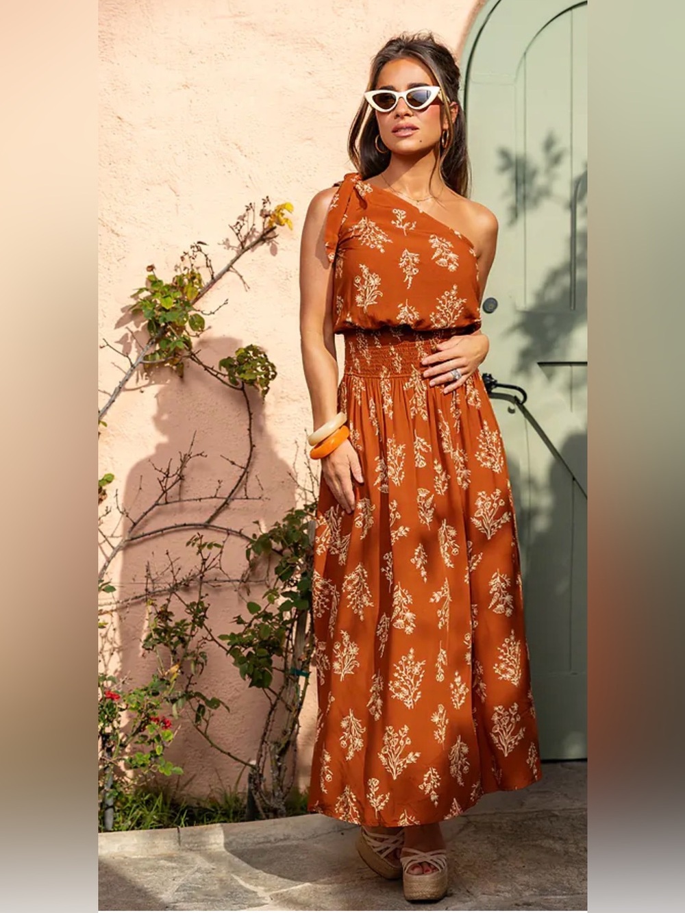 Cupshe Rust Orange One-Shoulder Floral Midi Dress